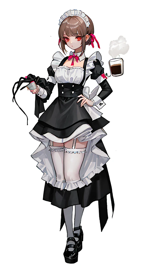 The girl in the picture is wearing a maid costume and holding a cup of coffee