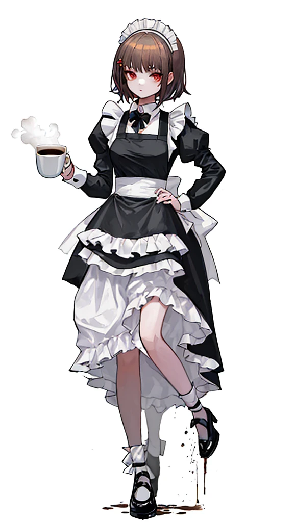 The girl in the picture is wearing a maid costume and holding a cup of coffee