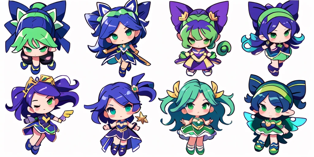 a close up of a cartoon character with different poses, spritesheet, sprite sheet, with familiar sprites, sprites, fairy girl, morgana, default pose neutral expression, twirling, sprite 2 d, shady, green fairy, smol, multiple poses, cute chibi, kawaii
