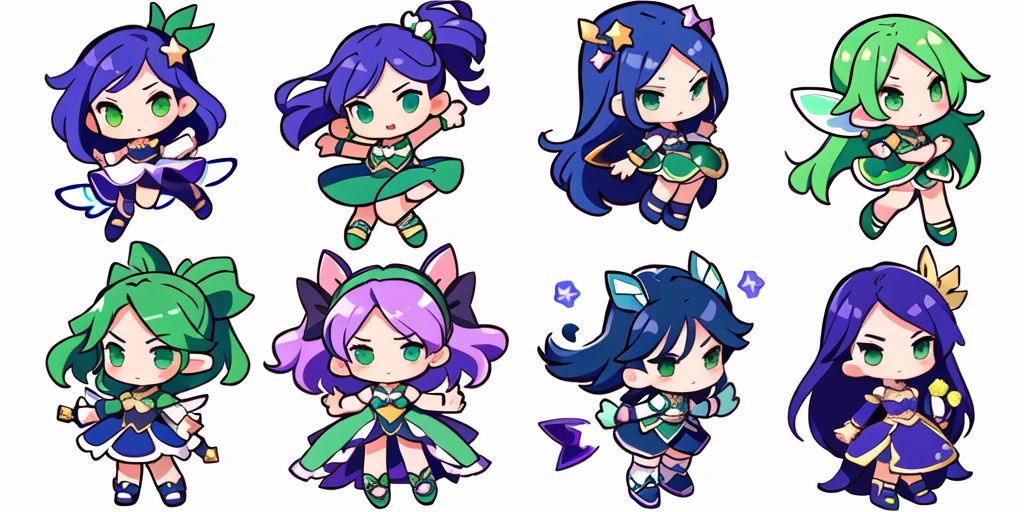 a close up of a cartoon character with different poses, spritesheet, sprite sheet, with familiar sprites, sprites, fairy girl, morgana, default pose neutral expression, twirling, sprite 2 d, shady, green fairy, smol,  multiple poses, cute chibi, kawaii