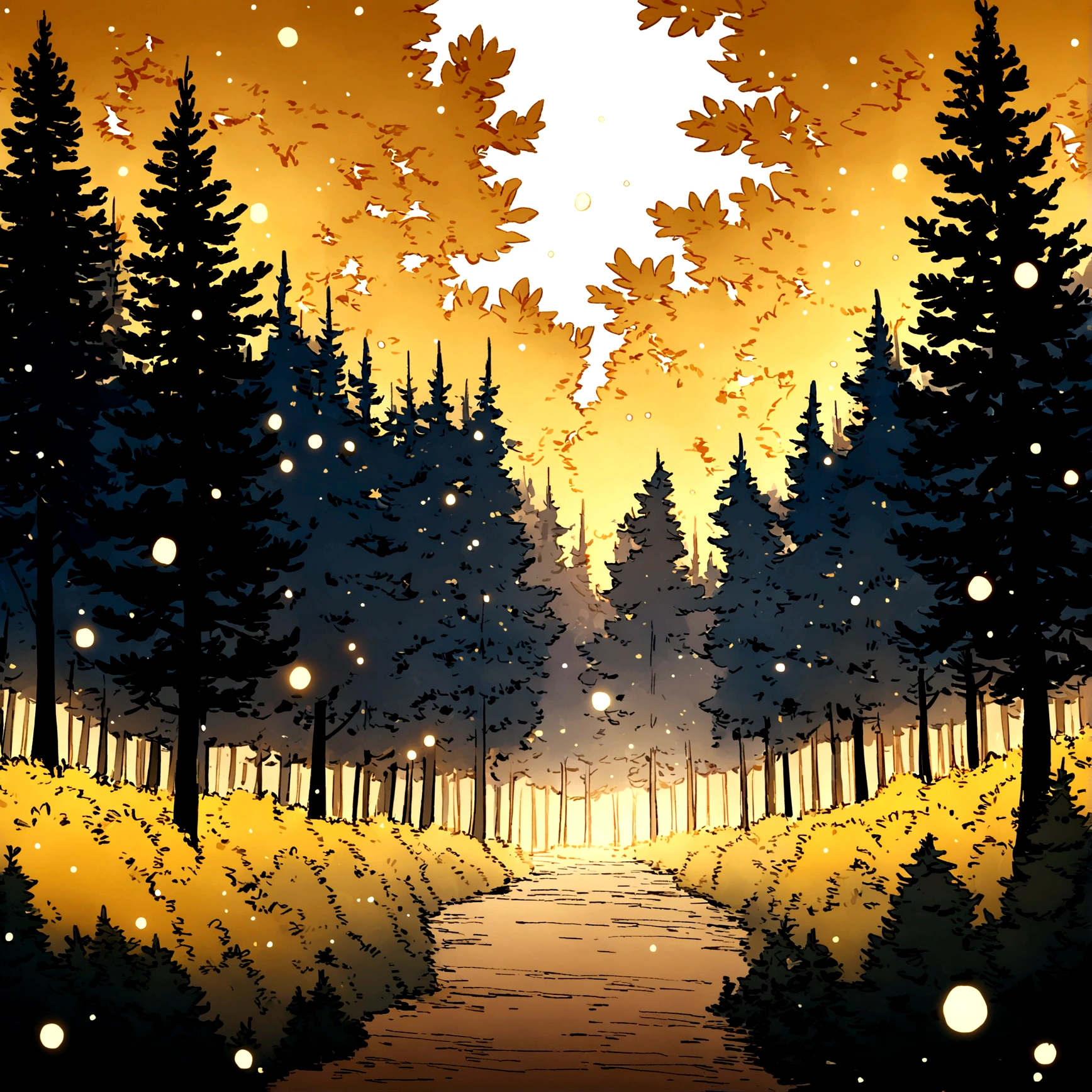 (Golden Color Palette Theme), Temperate Coniferous Forest, Pines and firs, focus on the branches under the starry night