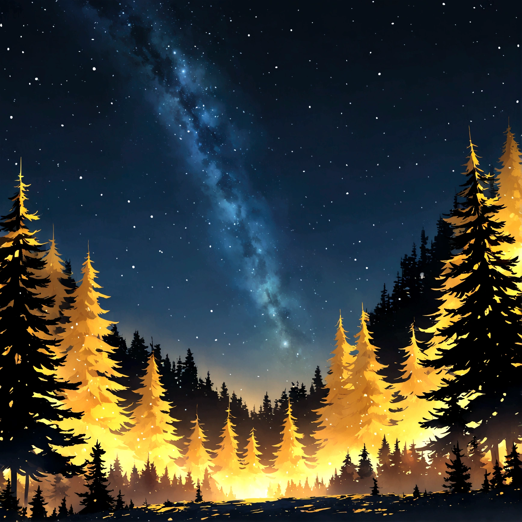 (Golden Color Palette Theme), Temperate Coniferous Forest, Pines and firs, focus on the branches under the starry night 