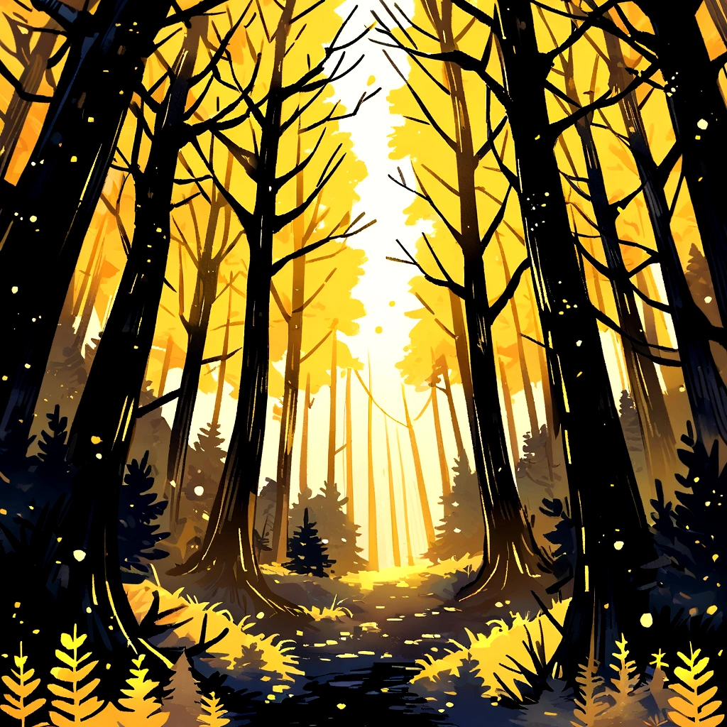 (Golden Color Palette Theme), Temperate Coniferous Forest, Pines and firs, focus on the branches under the starry night