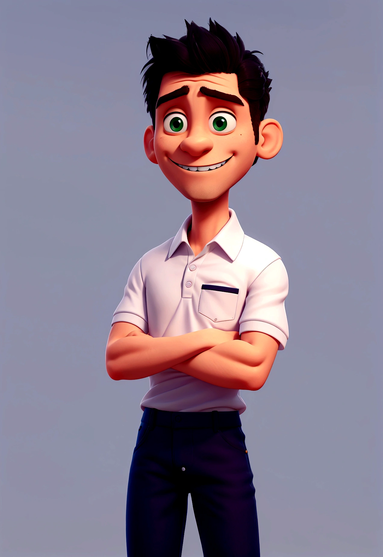 Front can man . Cartoon in white polo shirt with white collar and sleeves, plain shirt without details. navy blue jeans, crossed arms, looking straight ahead and smiling with teeth slightly showing; grandes olhos negros, gray hair ,in a bright environment , 3d, logo on the pocket of the M polo shirt.M with green and red color 