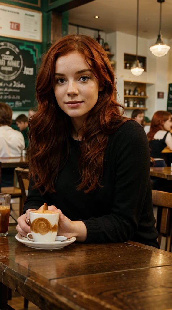 Irish woman, pretty wavy red hair, in a cafe sitting at a table