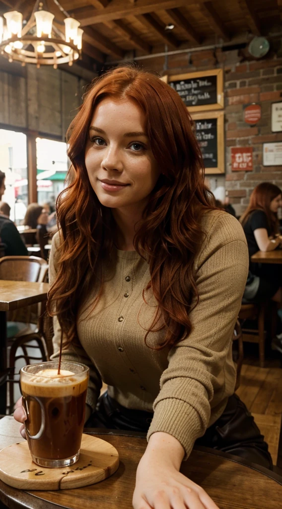 Irish woman, pretty wavy red hair, in a cafe sitting at a table