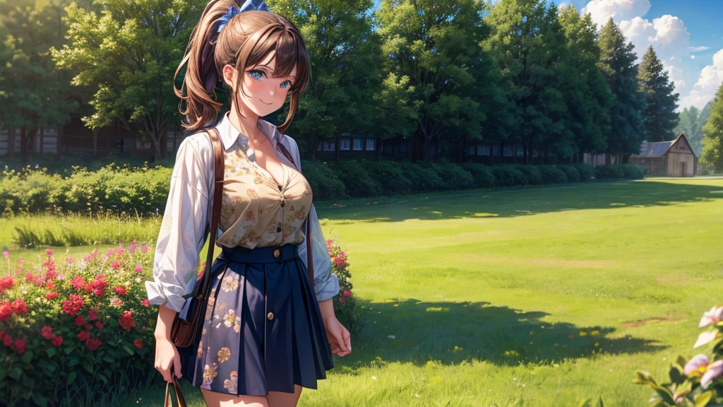 1girl, full body, solo, summer, village, trees, sun, clouds, ((brown hair)), ponytail, large breasts, ((brown vest)), button down shirt, ((white shirt)), ((short sleeved shirt)), ((unbuttoned shirt)), unbuttoning buttons, cleavage 1:3, brown eyes, skirt, smile, looking at the viewer, standing, hair ribbon, golden necklate, shoulder bag