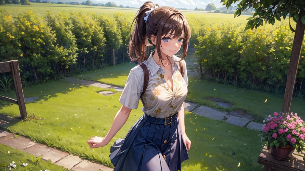 1girl, full body, solo, summer, village, trees, sun, clouds, ((brown hair)), ponytail, large breasts, ((brown vest)), button down shirt, ((white shirt)), ((short sleeved shirt)), ((unbuttoned shirt)), unbuttoning buttons, cleavage 1:3, brown eyes, skirt, smile, looking at the viewer, standing, hair ribbon, golden necklate, shoulder bag