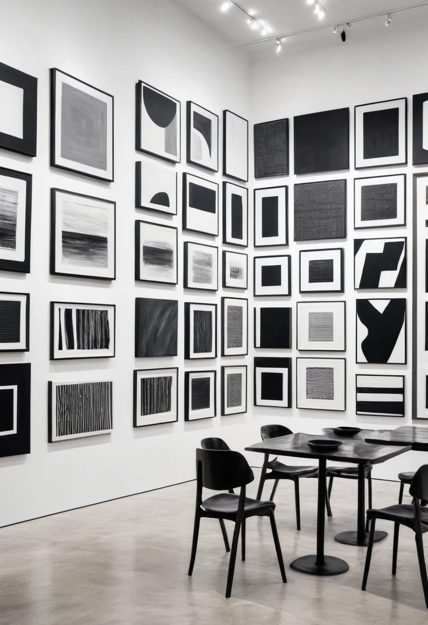 white wall of a modern art store with symmetrically arranged abstract black and white paintings