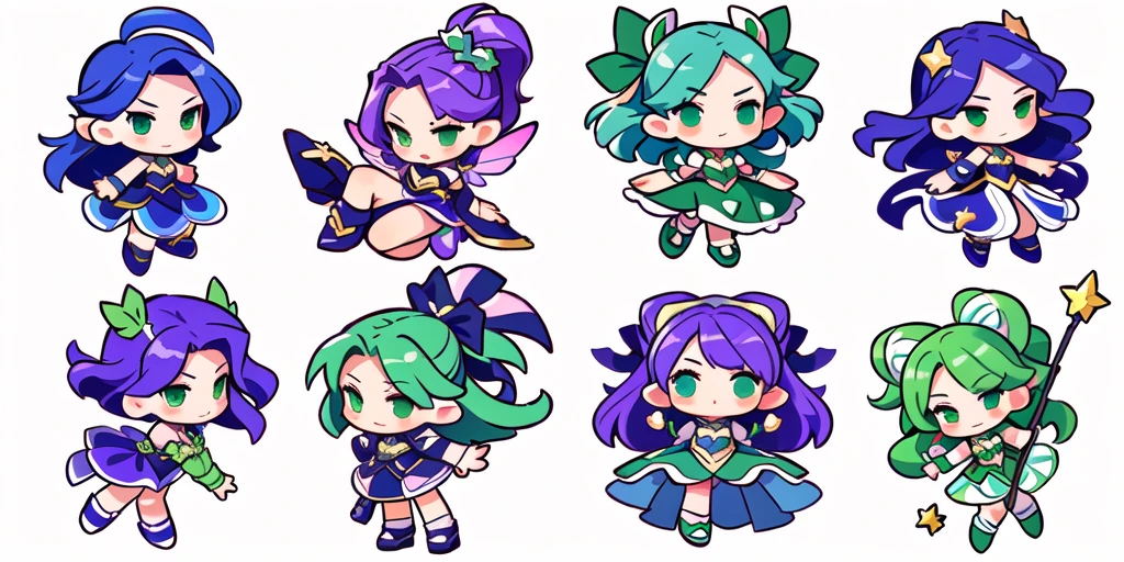 a close up of a cartoon character with different poses, spritesheet, sprite sheet, with familiar sprites, sprites, fairy girl, morgana, default pose neutral expression, twirling, sprite 2 d, shady, green fairy, smol,  multiple poses, cute chibi, kawaii