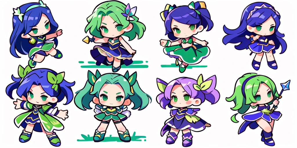 a close up of a cartoon character with different poses, spritesheet, sprite sheet, with familiar sprites, sprites, fairy girl, morgana, default pose neutral expression, twirling, sprite 2 d, shady, green fairy, smol, multiple poses, cute chibi, kawaii