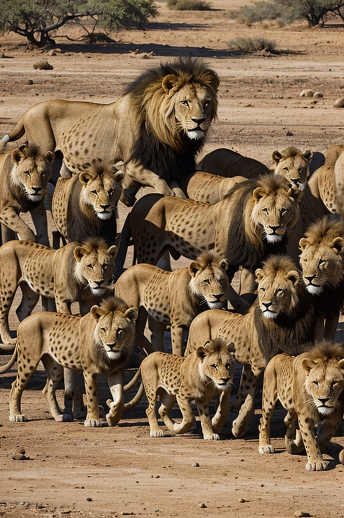 Lion surrounded by hyenas