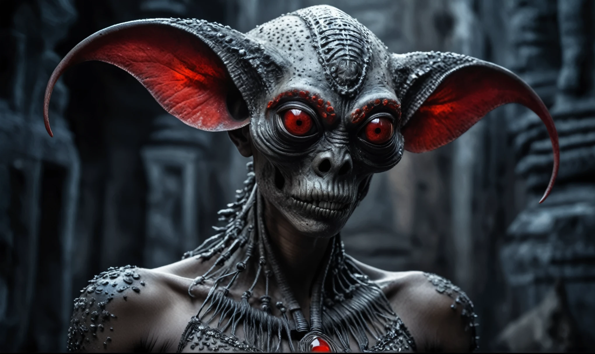 full body length shot,nerd graphite  Alien Entity,native africa slave ,nowadays azctec central city,Cinematic,soft colors, Technicolor,natural skin textures, hyper realism, hyper detailed,Extremely detailed,High contrast,Masterpiece,Realistic,Ultra Detailed, intricate details,realistic humid leather,extremely intricate details,Epic Realistic, cinematic style, irina yermolova,high contrast,hdr,extremely detailed, [deep night landscape],masterpiece, intricate details, eyes extremely detailed, high detailed eyes,8k resolution,retina, Nikon Z9,Korea,orc,Egypt, Pisces, transition between two art styles, Double contact, X-ray, Creative, vivid light, fantasy, Abstract, Surrealism, super detailed, high resolution,insanity national folk wear,skin  almost translucent, gothic elements, further emphasizing its dark air,Mestichino,Light particles,chaos,starfish's leather,Angkor Wat of Cambodia,"(The best lighting, dark, dramatic),(alien skull fetus, Hellraiser, Scars, , sexy, brain, blood, a rat inside the head, terror.),(Red eyes, calaveras). morning light.

