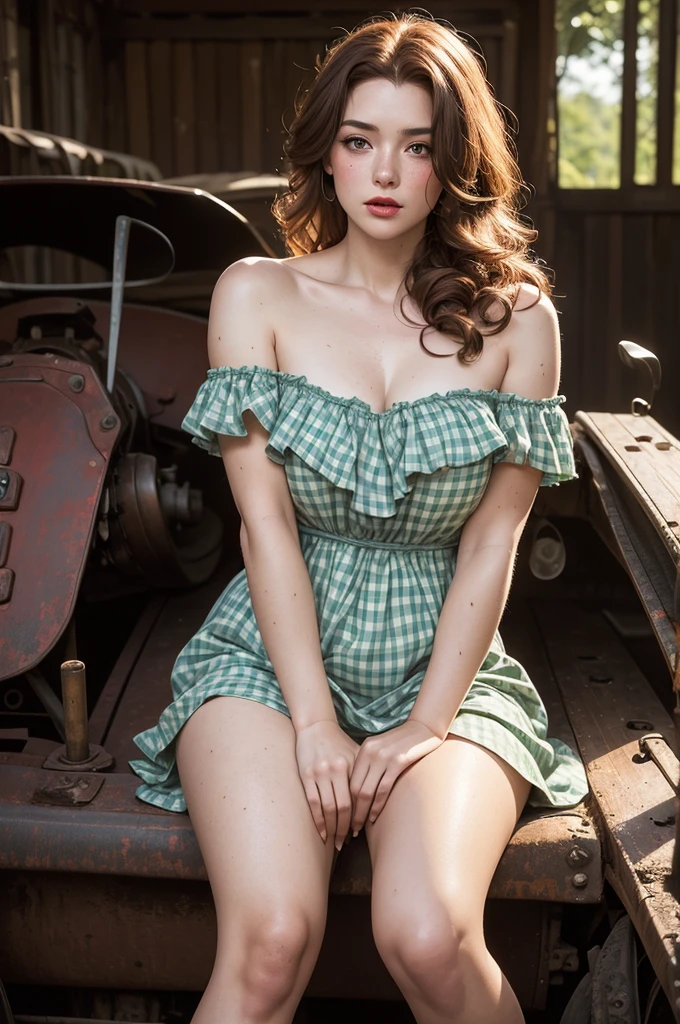 score 9, score 8 above, score 7 above, score 6 above, score 5 above, score 4 above, (8k, HD, best quality, masterpiece), (extremely detailed: 1.0), (ultra hyper photo realistic: 1.1), 1 woman, redhead, beautiful, (similar to an adult doll), 18 years old, sexy, hot, thin, tall, perfect green eyes, freckles, (long hair in curls, big red bow tying the hair), red lipstick, (freckled thighs, shapely and sweaty muscles), (driving an old rusty tractor worn paint rusty worn paint:1.2), (wearing a very short checkered short dress with ruffles on the legs, off-the-shoulder strapless top that falls semi loose transparent with ruffles on the arms dropped neckline:1.1), at dusk, farm environment, hay, tools, animals, plantations, old house, dramatic theatrical lighting, lascivious, exhibitionist, hot, (Full body portrait) open mouth, contrasts between light and dark, framing the body from below,