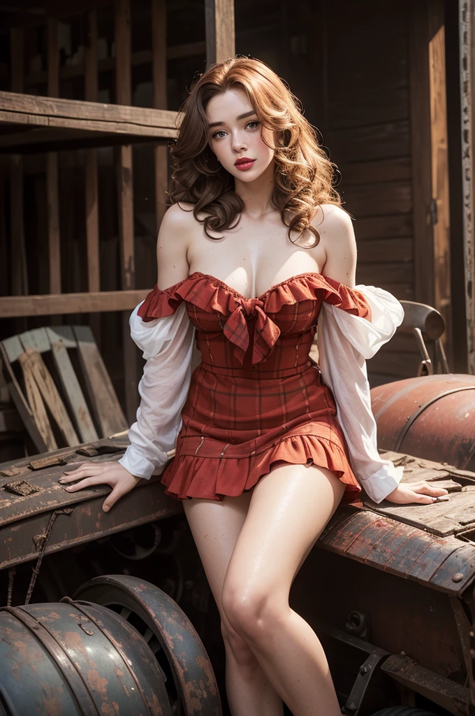 score 9, score 8 above, score 7 above, score 6 above, score 5 above, score 4 above, (8k, HD, best quality, masterpiece), (extremely detailed: 1.0), (ultra hyper photo realistic: 1.1), 1 woman, redhead, beautiful, (similar to an adult doll), 18 years old, sexy, hot, thin, tall, perfect green eyes, freckles, (long hair in curls, big red bow tying the hair), red lipstick, (freckled thighs, shapely and sweaty muscles), (driving an old rusty tractor worn paint rusty worn paint:1.2), (wearing a very short checkered short dress with ruffles on the legs, off-the-shoulder strapless top that falls semi loose transparent with ruffles on the arms dropped neckline:1.1), at dusk, farm environment, hay, tools, animals, plantations, old house, dramatic theatrical lighting, lascivious, exhibitionist, hot, (Full body portrait) open mouth, contrasts between light and dark, framing the body from below,