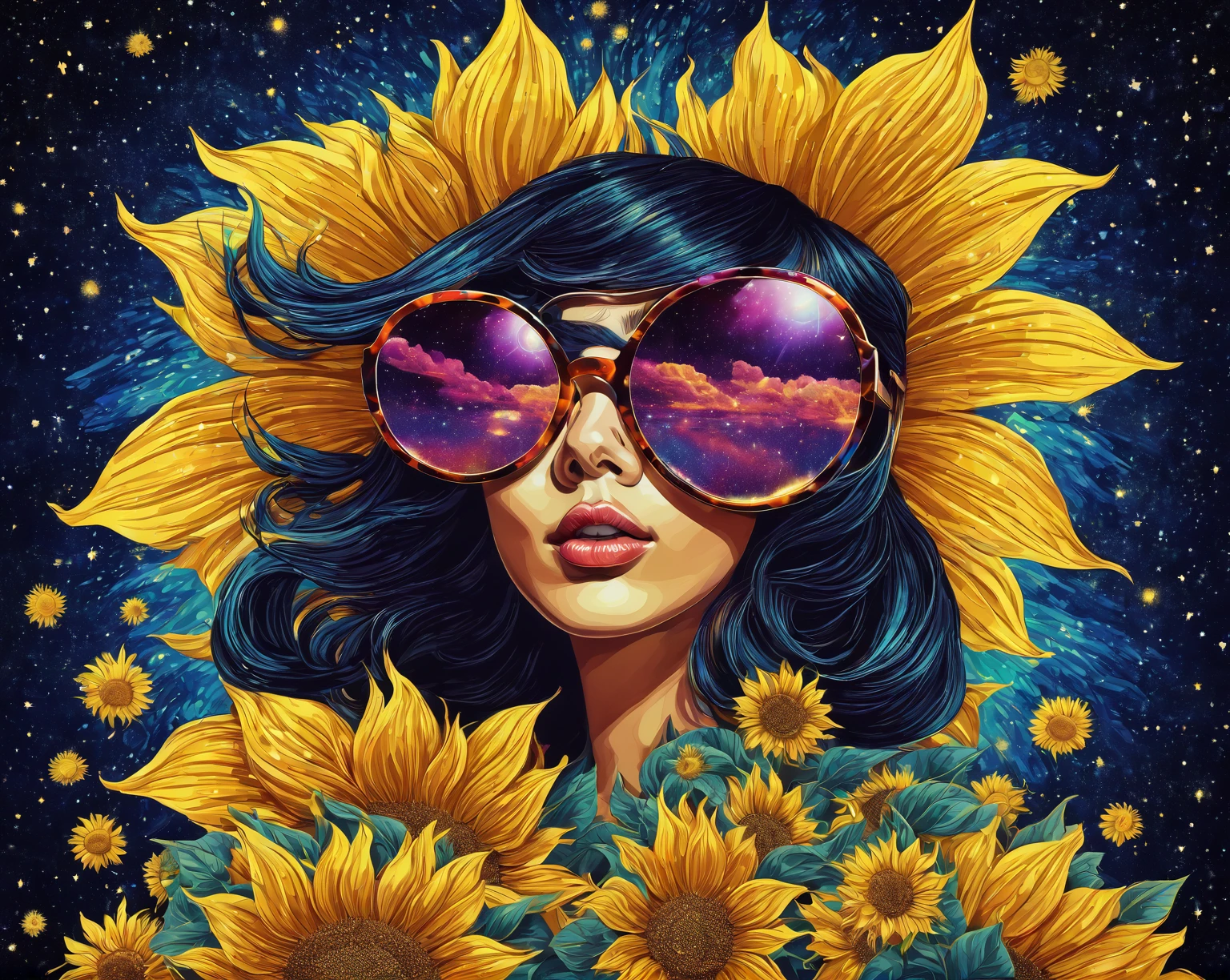 there is a woman with sunglasses and a sunflower in front of a starry sky, in style of digital illustration, stunning art style, psychedelic illustration, beautiful retro art, retro psychedelic illustration, pop surrealism art style, colorful illustration, inspired by Yuko Shimizu, pop art surrealism, fabulous illustrations, in style of cyril rolando, psychedelic art style