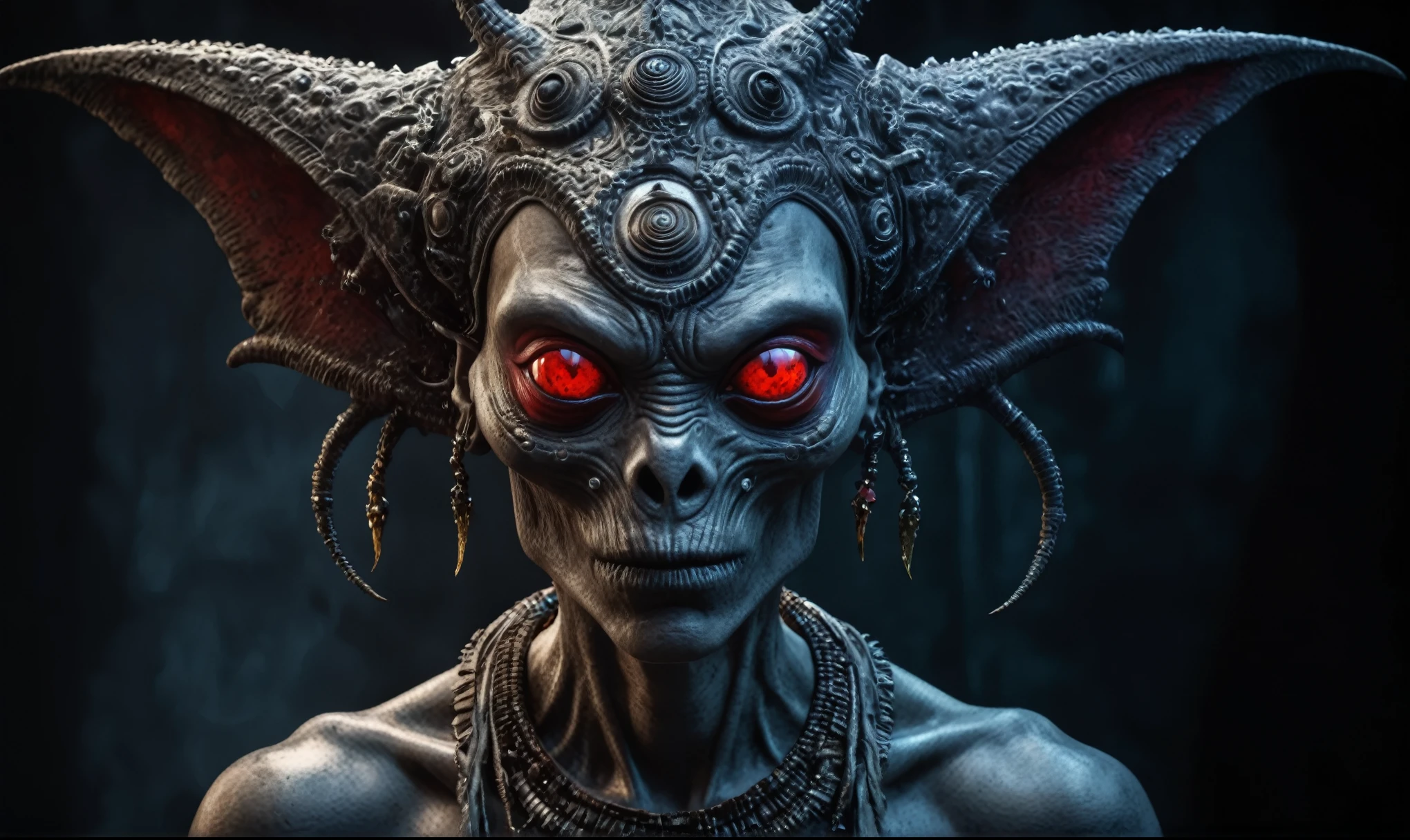 full body length shot,nerd graphite  Alien Entity,native africa slave ,nowadays azctec central city,Cinematic,soft colors, Technicolor,natural skin textures, hyper realism, hyper detailed,Extremely detailed,High contrast,Masterpiece,Realistic,Ultra Detailed, intricate details,realistic humid leather,extremely intricate details,Epic Realistic, cinematic style, irina yermolova,high contrast,hdr,extremely detailed, [deep night landscape],masterpiece, intricate details, eyes extremely detailed, high detailed eyes,8k resolution,retina, Nikon Z9,Korea,orc,Egypt, Pisces, transition between two art styles, Double contact, X-ray, Creative, vivid light, fantasy, Abstract, Surrealism, super detailed, high resolution,insanity national folk wear,skin  almost translucent, gothic elements, further emphasizing its dark air,Mestichino,Light particles,chaos,starfish's leather,Angkor Wat of Cambodia,"(The best lighting, dark, dramatic),(alien skull fetus, Hellraiser, Scars, , sexy, brain, blood, a rat inside the head, terror.),(Red eyes, calaveras). morning light.

