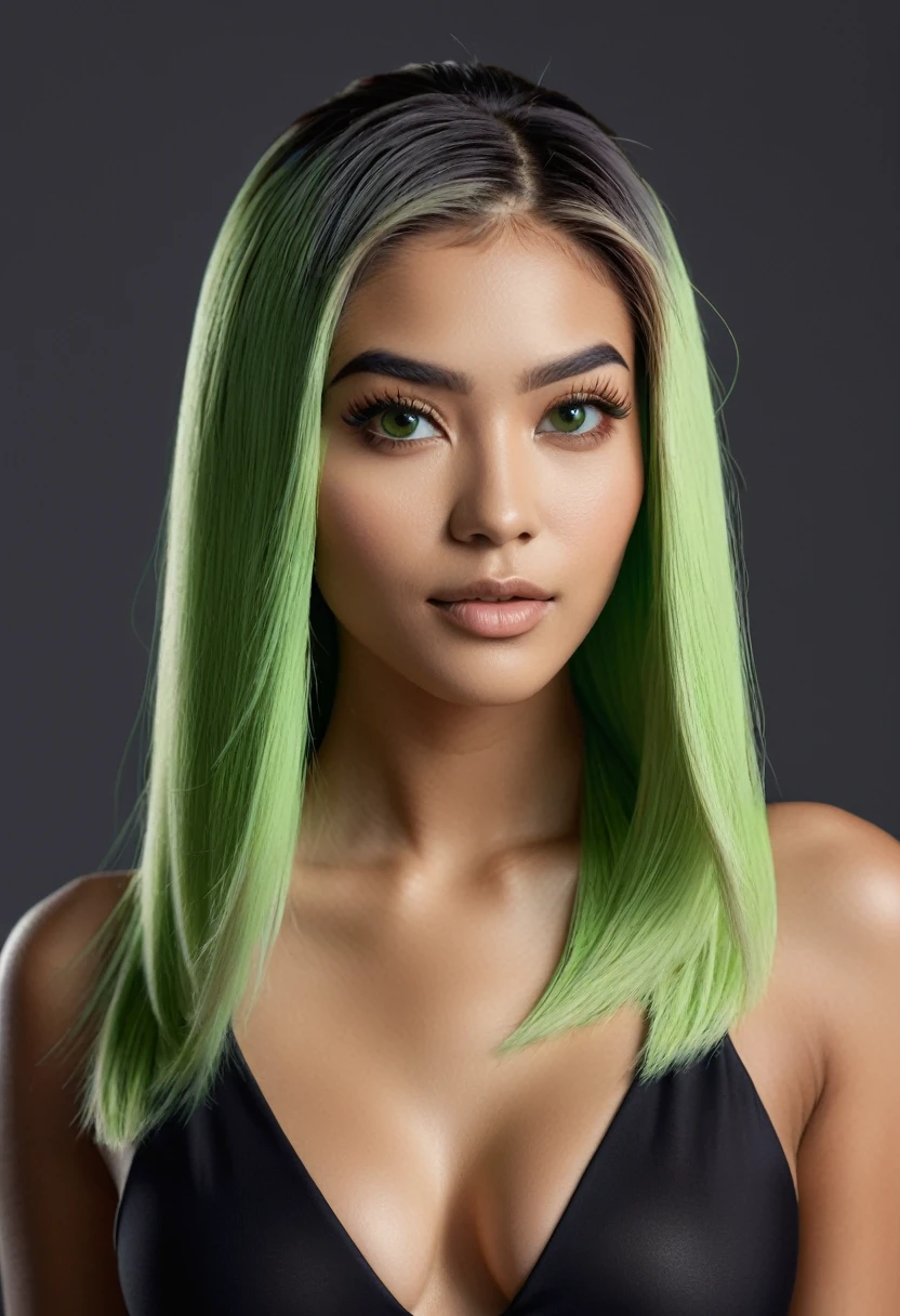 whole person,hiper realistic, different angles,ETHNICITY: Latino,GENDER: female, AGE: 27 years old, HEIGHT: , two meters, FULL BODY TYPE: triangular, FACE TYPE: rectangular, HAIR COLOR: black, EYE COLOR: green, SKIN COLOR: WHITE, HAIR HAIRSTYLE: long hair, TIPO DE CALÇADO: social. clear facial features, Cinematic, 35mm lens, f/1.8, accent lighting, global illumination –uplight –v 4