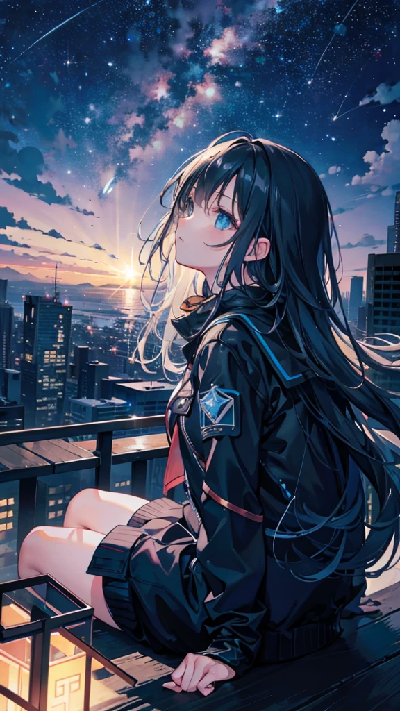 octane, sky, Star (sky), scenery, Starry sky, Night, 1girll, Night sky, Solo, Outdoors, Building, Cloud, Milky Way, Sitting, tree, Long hair, City, Silhouette, Cityscape, Looking Up The Sky, 8K, Beautiful night sky, Ray tracing, Masterpiece, Cute face