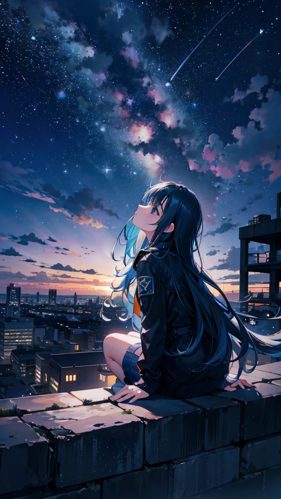 octane, sky, Star (sky), scenery, Starry sky, Night, 1girll, Night sky, Solo, Outdoors, Building, Cloud, Milky Way, Sitting, tree, Long hair, City, Silhouette, Cityscape, Looking Up The Sky, 8K, Beautiful night sky, Ray tracing, Masterpiece, Cute face