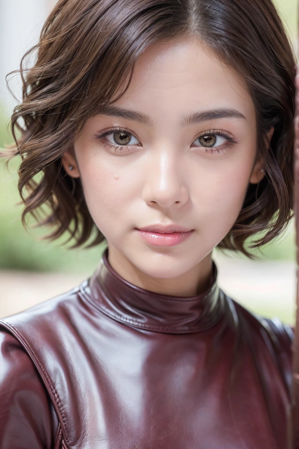 (best quality、4k、8k、highreasterpiece:1.2)、(ultra detailed、realistic、photorealistic、photo-realistic:1.37)、(1girl:1.3 22-year-old)、brown_eyes、((Fujicolor、daytime soft lighting)、fashion supermodel、(ultra detailed short curly hair)、(pink_makeup)、((pleated modest leather BDSM costume))、dynamic pose、((close-up of her face: 1.33))
