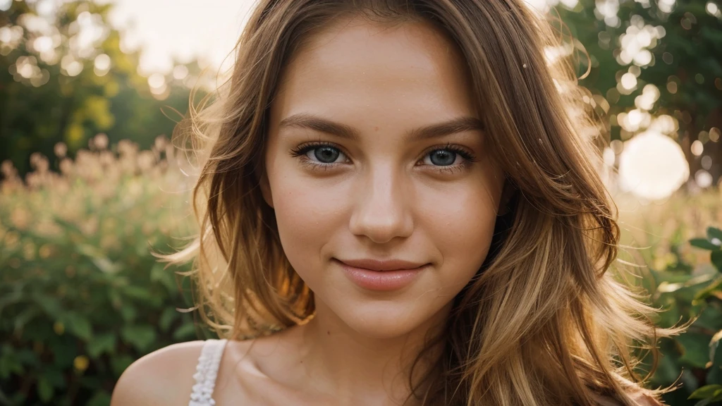With a smile on her delicate face, a young, attractive woman with flowing blond hair. Her full eyes radiate curiosity, as if ready to immerse themselves in every moment of life. Looking at her, you'll notice those lips that invite you to kiss. They form a gentle arch, painted on the canvas of her face. They seem pleasantly warm, as if always ready for a tender embrace or an emotionally charged kiss. Observing her, you see how she plays with the light. The warmth of the setting sun emphasizes the subtle features of her face, making her even more dazzling. She is like a painting that captures attention, and her presence makes you want to freeze time to savor the moment, shimmering with the fullness of life.ultra high res.photo realistic: 1.4, UDH,