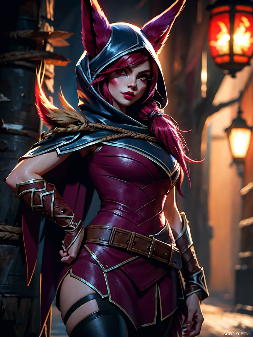 1 girl, 3d, afterimage, rote Haar, breasts, pull clothes, Animal ears, (xayah Hoodie), (xayah Cape), Cowboy-shot, contrasting sleeves, looking down at viewer, Head out of frame, xayah (League of Legends), lips, Long hair, medium breasts, alone, tight attire, tight Hose