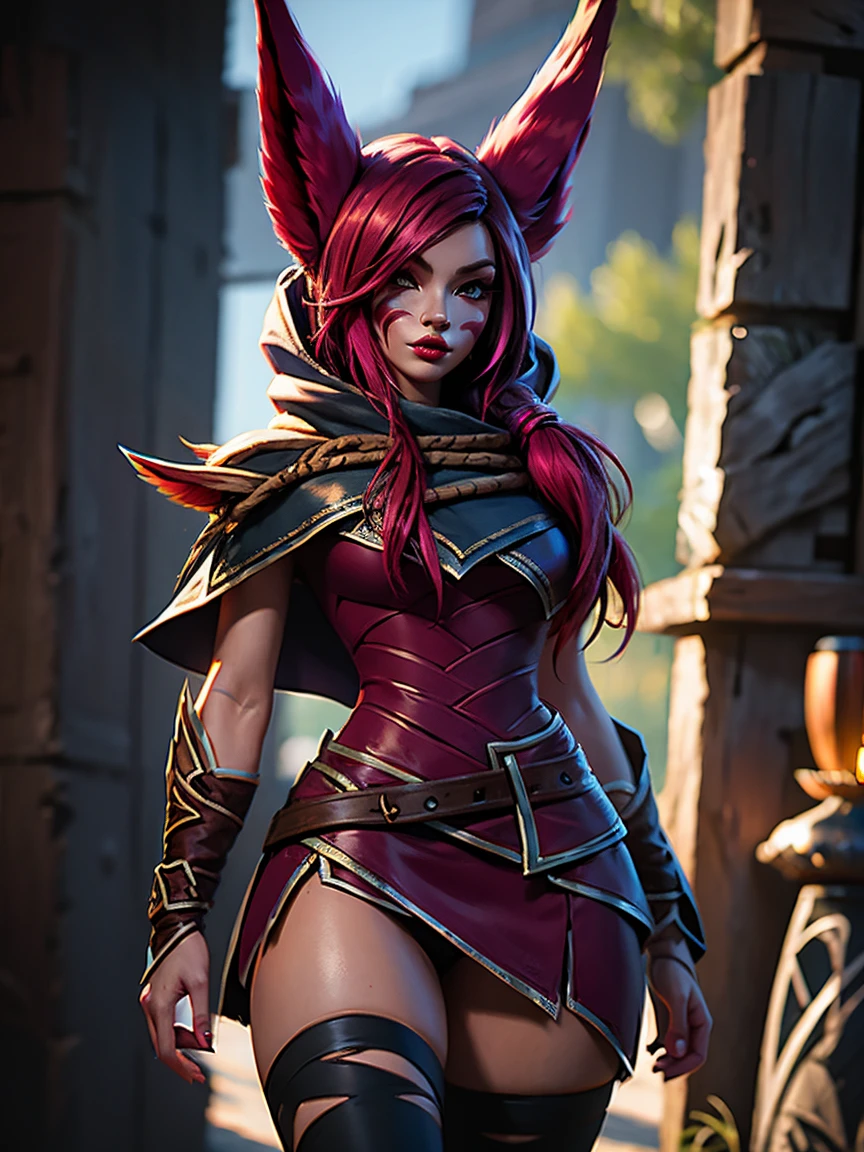 1 girl, 3d, afterimage, rote Haar, breasts, pull clothes, Animal ears, (xayah Hoodie), (xayah Cape), Cowboy-shot, contrasting sleeves, looking down at viewer, Head out of frame, xayah (League of Legends), lips, Long hair, medium breasts, alone, tight attire, tight Hose