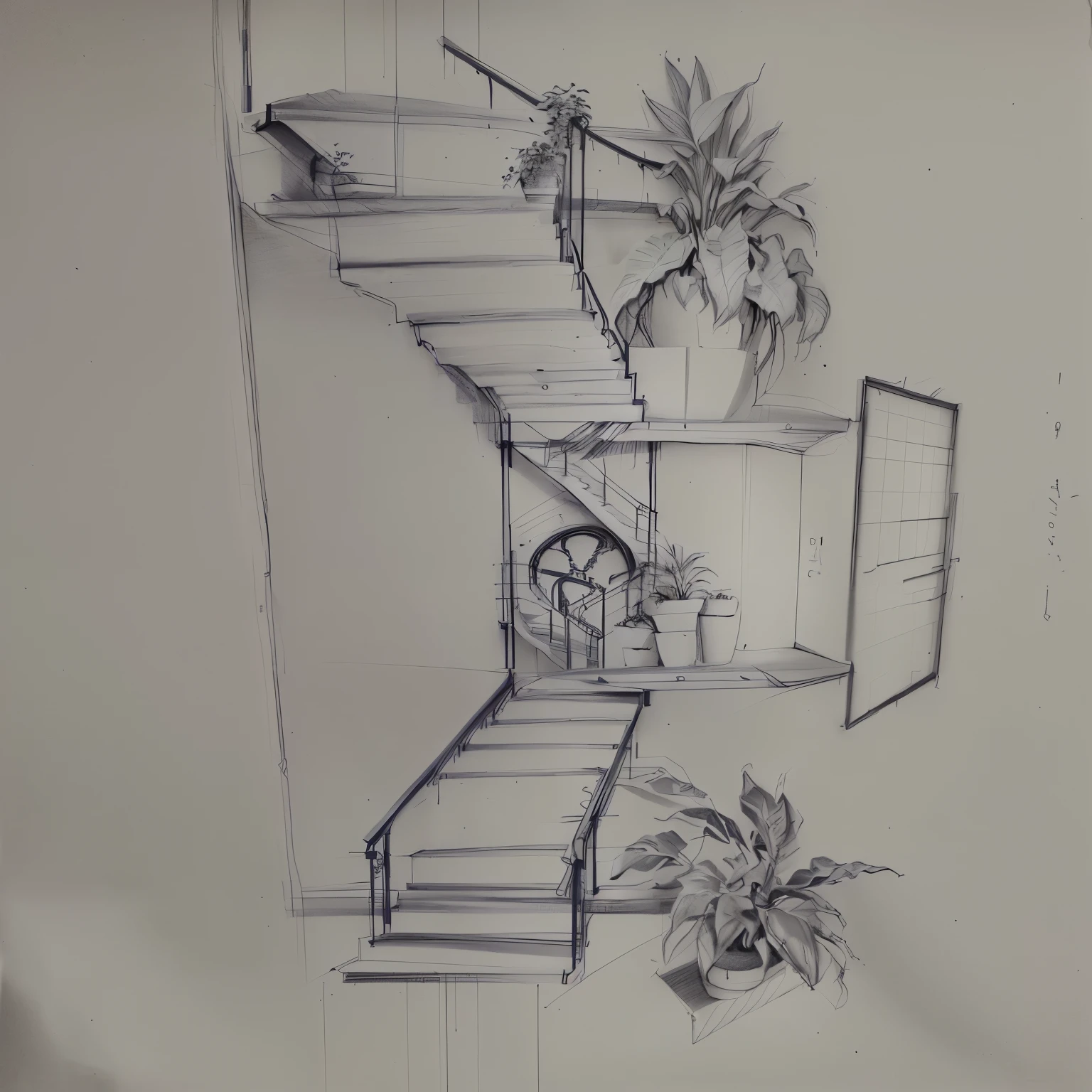 drawing of a staircase with a sign and a plant next to it, professional sketch, hand drawn, drawn on paper, from front view, architectural concepts, professional illustration, front side view, sketch illustration, professional drawing, concept drawing, architectural concept, architectural drawing, detailed outline, designer pencil drawing, 2 point perspective, artist sketch, traditional art, artistic sketch