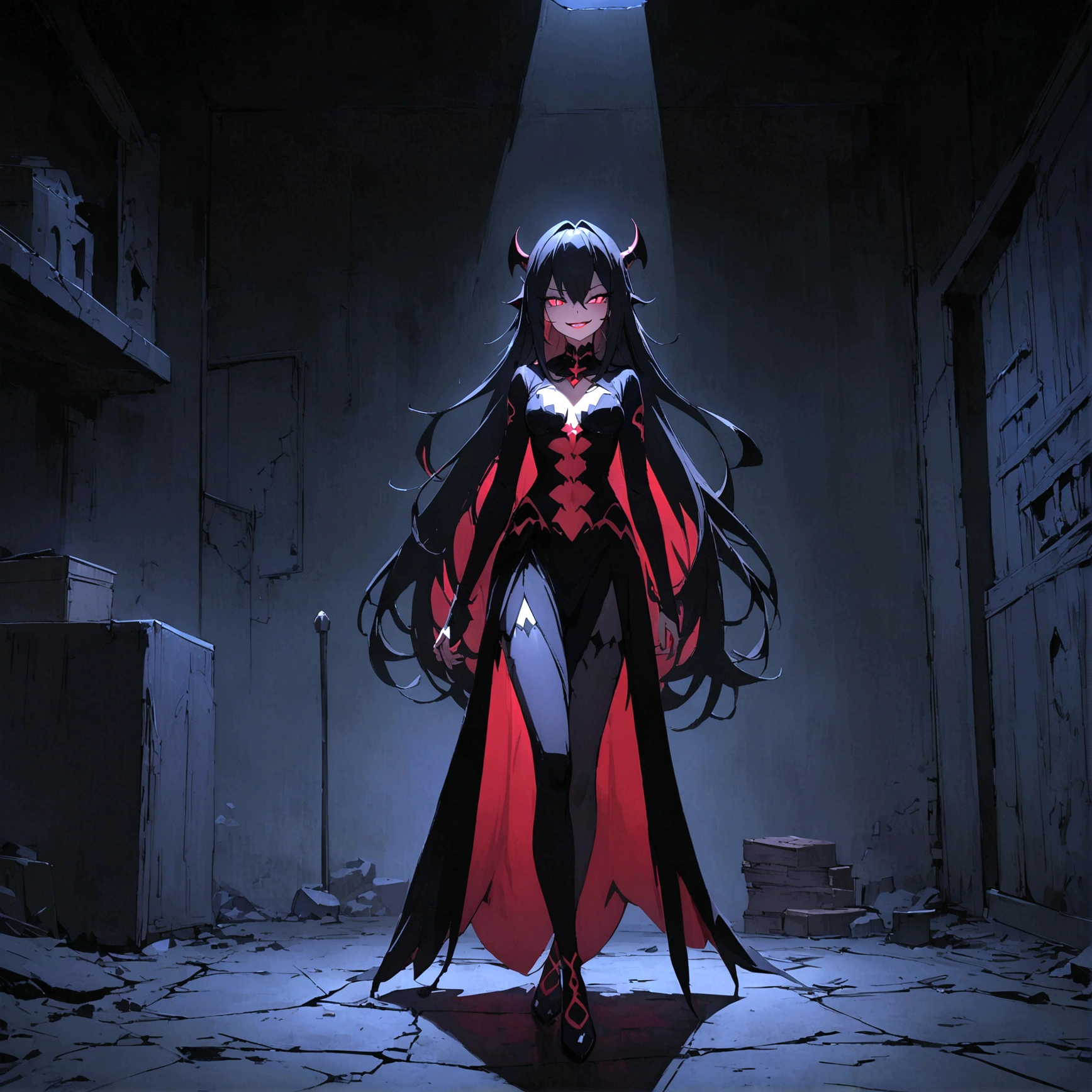 anime beautiful demon women, shark teeth, long hair, night, (standing in the dark room), eyes, wicked smile, detailes, 4k, room, full body