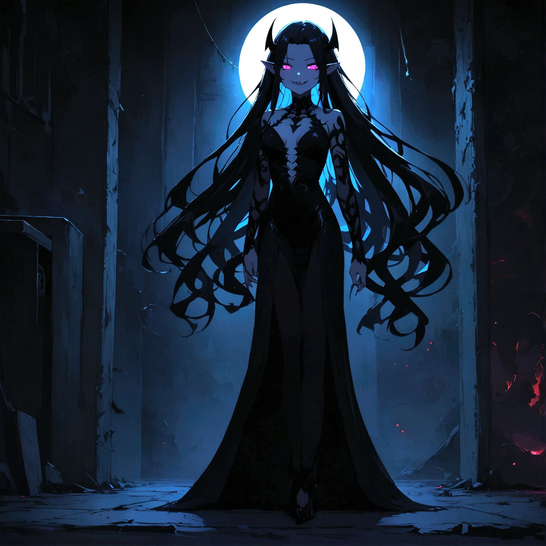 anime beautiful demon women, shark teeth, long hair, night, (standing in the dark room), eyes, wicked smile, detailes, 4k, room, full body