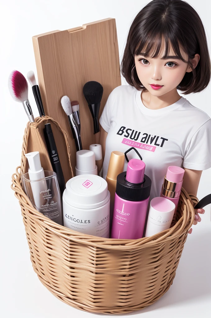 make a basket with white background, Inside the basket, place 1 shampoo and conditioner kit, 1 lipstick, 1 magic brush kit, 1 t-shirts