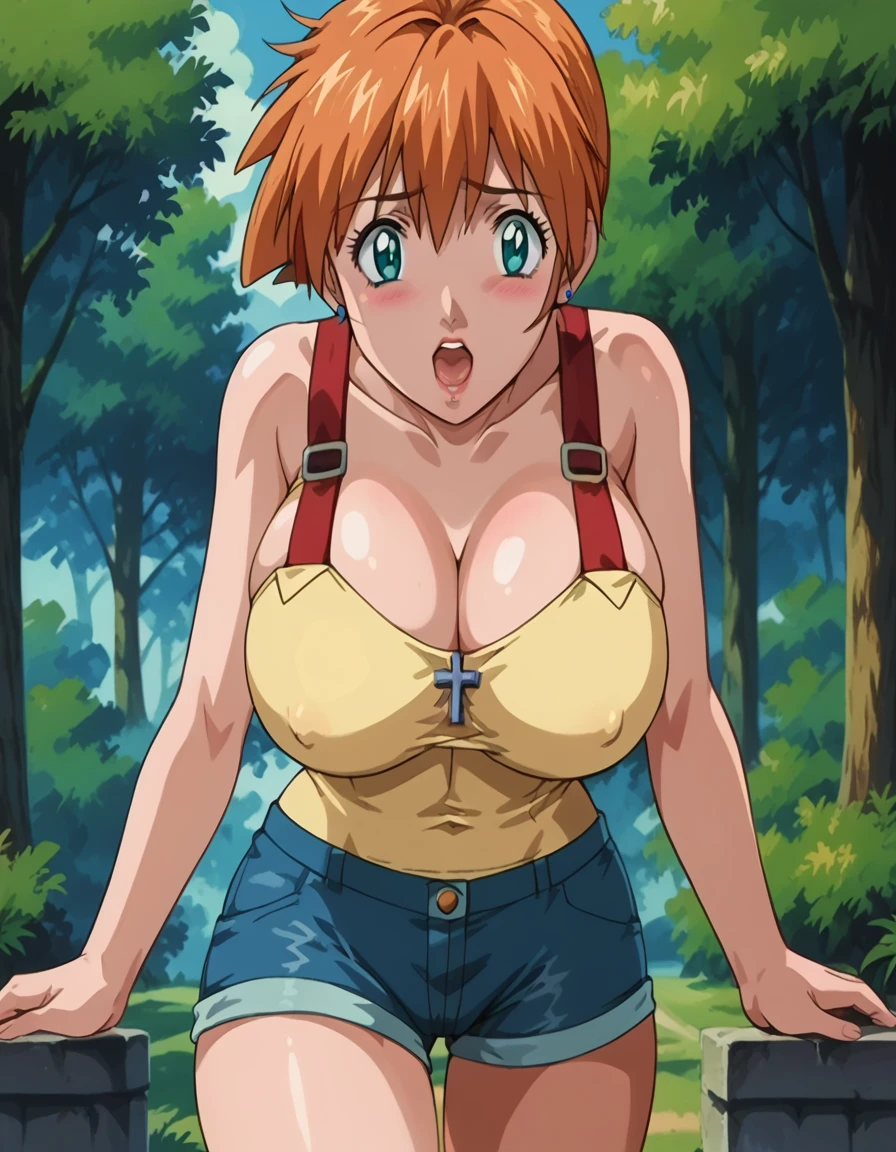 score_9, score_8_up, source_anime Bibl3, cute bimbo, busty shortstack, misty \(pokemon\), orange hair, huge breasts, bouncy breasts, breast expansion, pokies, wide hips, viewed from front, standing in field, pouty, raised eyebrows, blushing, looking at viewer, open mouth, thick lips, yellow tank top, red suspenders, denim shorts, cameltoe, full lips, vivid lips, detailed eyes, detailed face, cute girl, forest, morning, cross_section(ovulation).