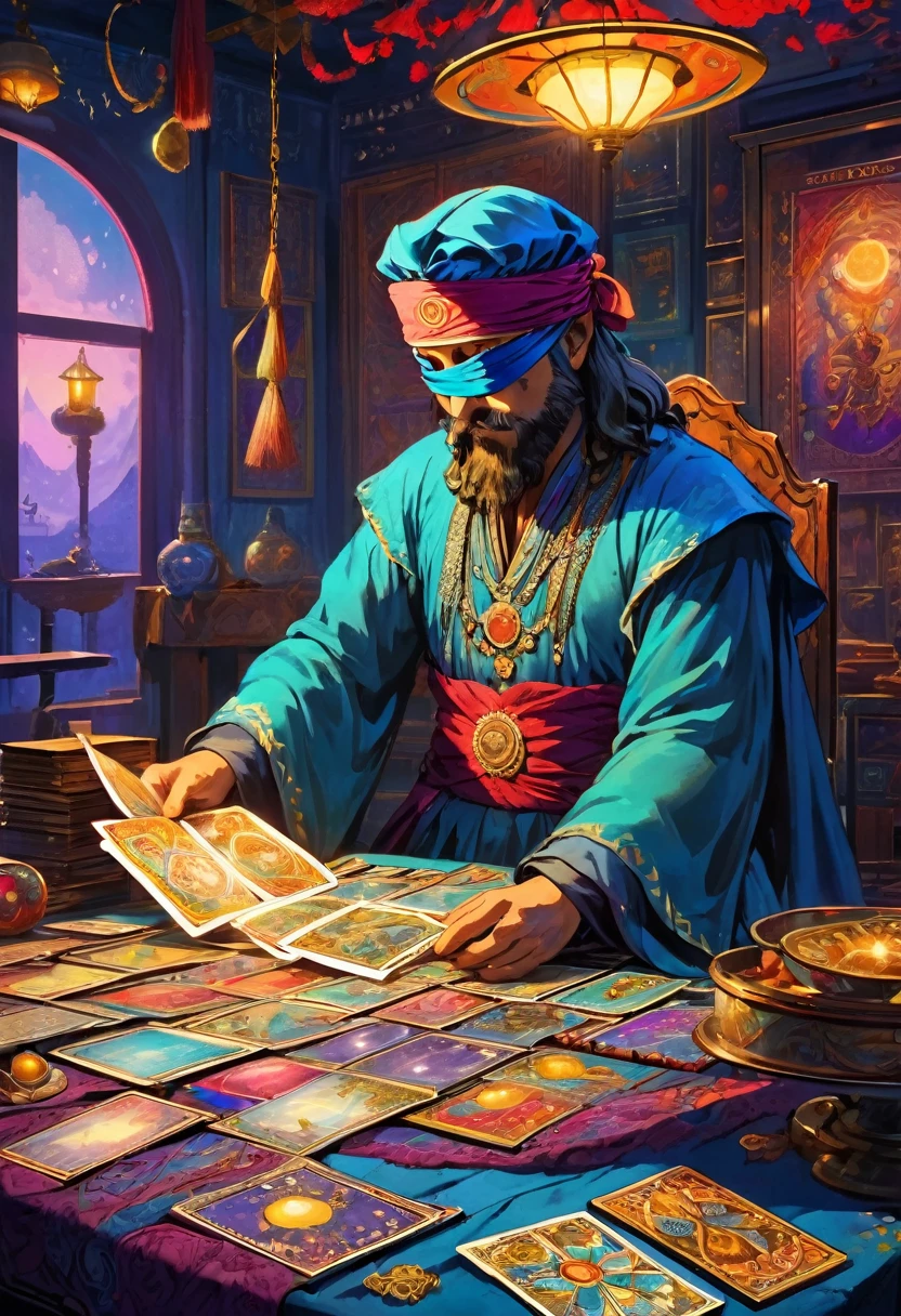 (masterpiece, best quaility, high detail, beautiful and delicated eyes and face, vivid colors:1.2), Un astrologo leyendo la fortuna con cartas del tarot, 1man, solo, anime screencap, pov, el fondo es el interior de una tienda gitana