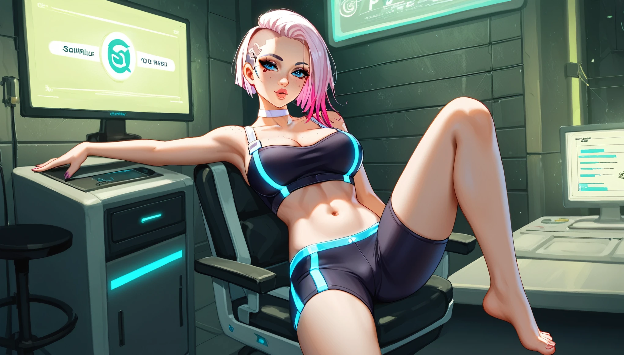 Create a digital anime-style image of a young woman with a modern, hair half top half light pink and half bottom light blue, hair cut side shaved head, eyes blue, lips atractive, beatiful fitness of her body. edgy appearance standing confidently in a dimly lit room with a cyberpunk aesthetic. The woman should tight small suit cyberpunk, sample legs and foot, legs open frontal bedroom, styled hair with vibrant colors, The room cyber high details. cute nose, seductive,white choker, pink lips, freckles, large breasts, pretty girl