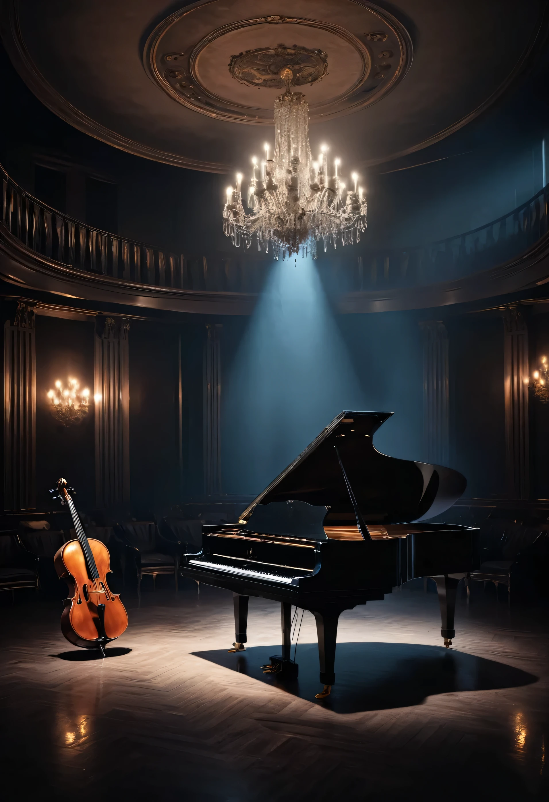 a grand piano, a cello, a violin, classical music, concert hall, dark ambient