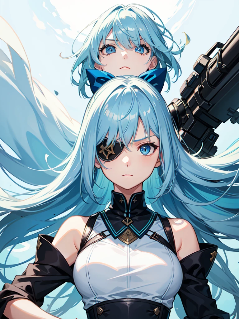 1 girl, light blue hair, light hair hair, sharp eyes, light blue eyes, sleeveless combat dress, bow, serious look, masterpiece, high quality, fantasy eyepatch, unique eyepatch, short hair, short hair, very short hair, unique hair, special hair, long hair locks