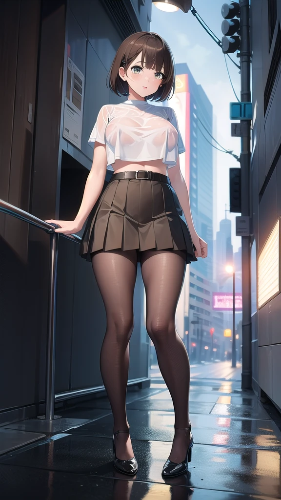 nobarakugisaki, nobara kugisaki, bob cut, (brown eyes:1.7), brown hair, lips, short hair,
BREAK belt, brown belt, brown pantyhose, crop top, crop top overhang,pantyhose, pleated skirt, shirt tucked in, skirt, blue skirt, white crop top,wet top,
BREAK looking at viewer,in street,night,neon lights,cyberpunk,wet road,reflections,
BREAK (masterpiece:1.2), best quality, high resolution, unity 8k wallpaper, (illustration:0.8), (beautiful detailed eyes:1.6), extremely detailed face, perfect lighting, extremely detailed CG, (perfect hands, perfect anatomy),full body,from below,bend over,nipples see through,upskirt,panties,