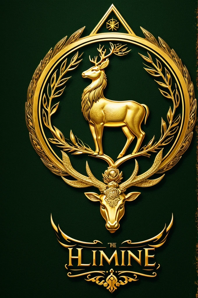 A luminous golden deer stands as the central figure in a clan logo, set against a verdant green background and accompanied by the text "The Last Human" below. This emblem represents the paramount alliance of the clan. The majestic deer shines with a radiant golden hue, its antlers branching gracefully towards the sky. The intricate details of the logo suggest a painting of exquisite quality, with the colors rich and vibrant and the overall composition striking and impactful. This emblem exudes a sense of grandeur and power, capturing the essence of unity and strength within the clan it represents.