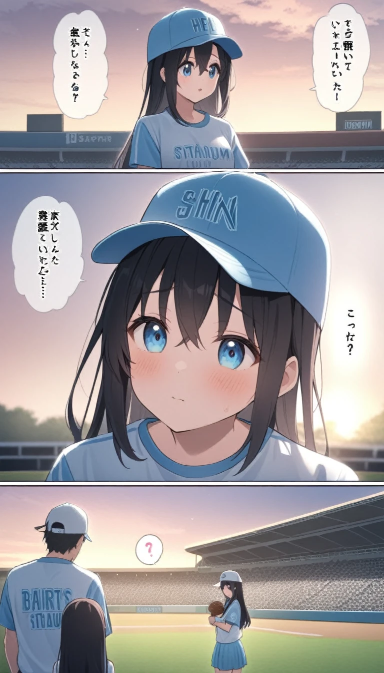 Midsummer Stadium Baseball Black Hair Girl。He is wearing a light blue baseball shirt with a summery blue and white look.、Baseball Cap、Vision、Visionのスタジアム、