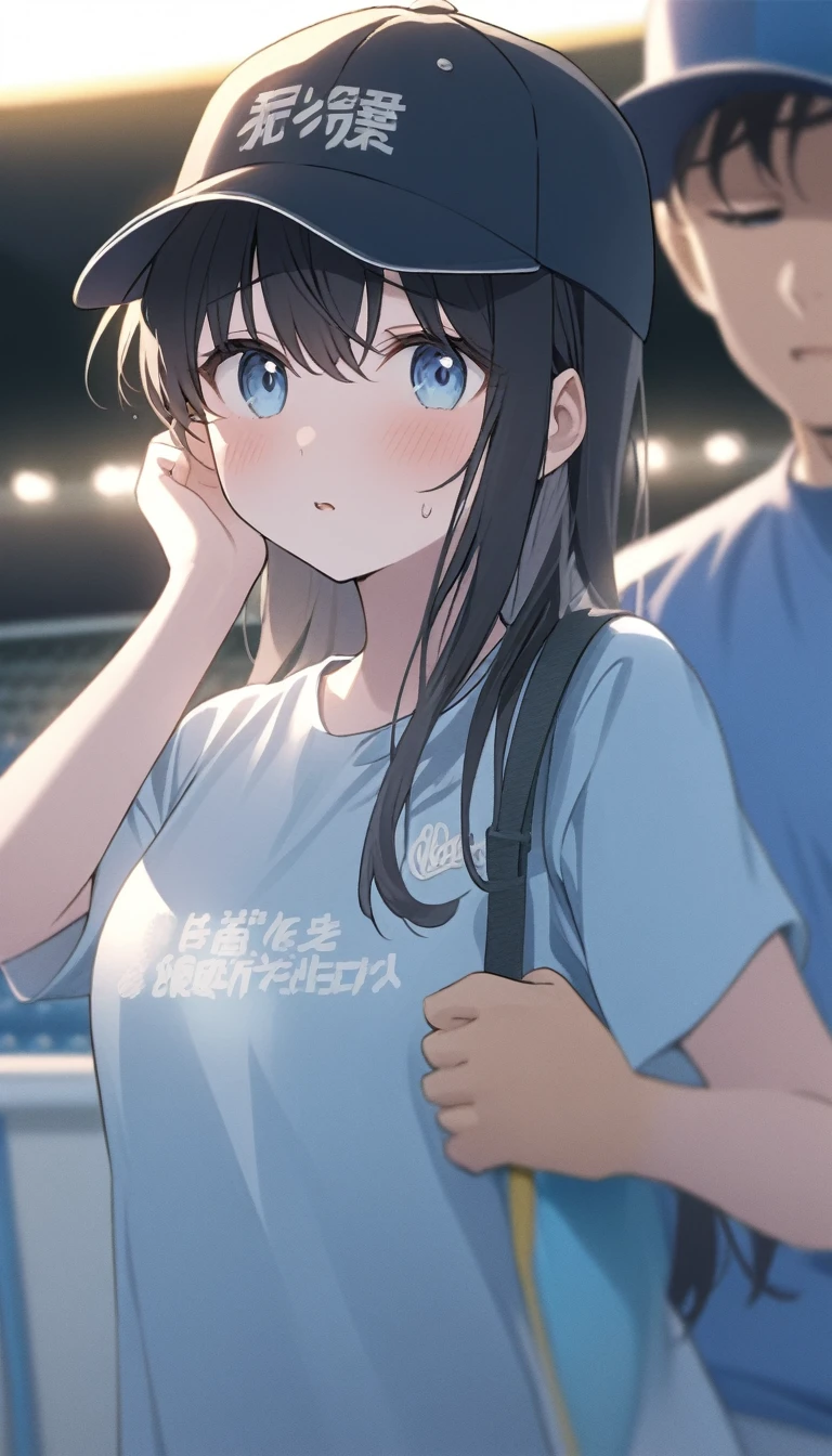 , ( milf Idol Girl,), 18 year old, cowboy shot, in crowded public pool, , embarrassed, (surprised:1.5),,(The man is out of frame:1.5),