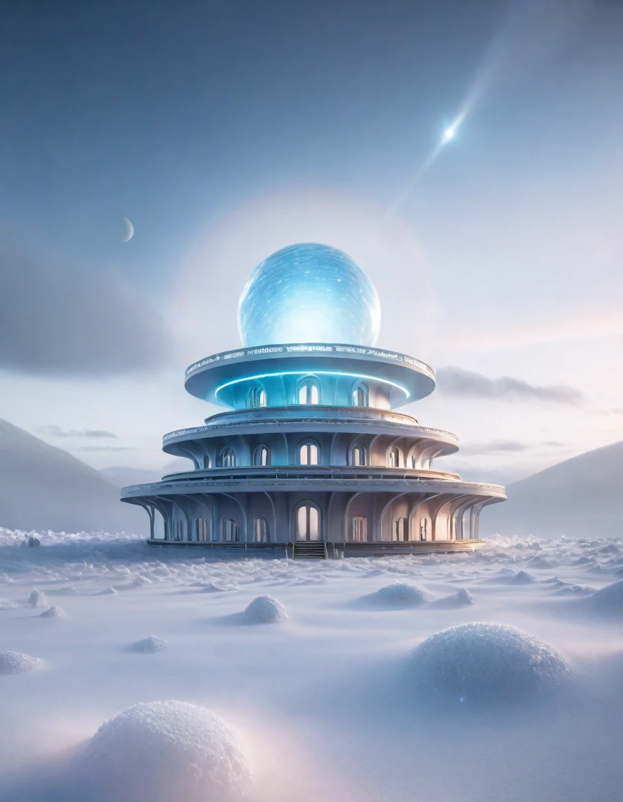 Alien spiral mysterious building power in cold atmosphere, Predicting paranormal weather. The scene is filled with amazing tiny floating objects, Showcasing ultra-realistic textures and stunning lighting. Award-winning photos, Shot in 8k with Canon EOS R5, Very popular on artstation. Peaceful environment，unmanned, Raising dazzling glittering dust， The misty sky adds to the otherworldly beauty, Show its magnificence.