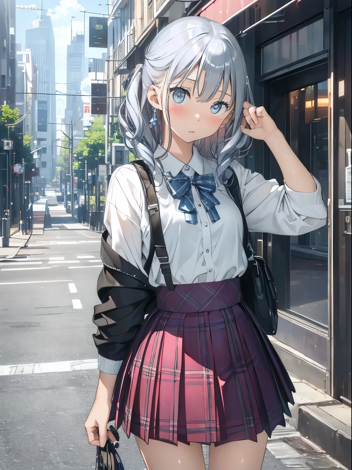 (8K、Original Photography、Top quality、masterpiece:1.2)、illustration touch、Ultra Detailed、Ultra-high resolution、Tall Girl,Silver Hair、Blue eyes、on the street、High 、、Plaid skirt、((When the wind blows, the skirt flips up))、(White)