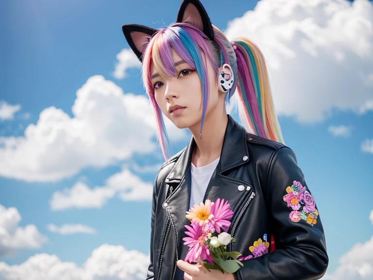 Flowers、Rainbow Hair、Headphones、Cat ear、Seven-colored hair、leather jacket,Flowers and sky background、Young face、Huge 、ponytail