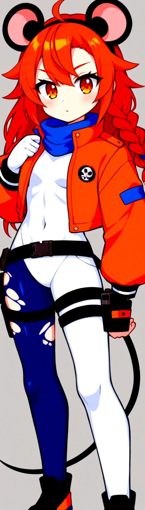 Gun holster on hip, black utility belt, blue design on bodysuit only, actual mouse ears, techwear jacket, cropped jacket, orange slightly torn jacket, blue head wrap, small braid in long hair, bomb jacket, military girl