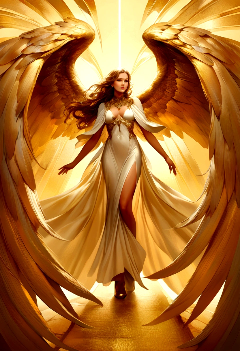 an angel with many huge wings at the entrance to heaven, beautiful colors, in a golden background, ultra realistic, fantasy style, from afar