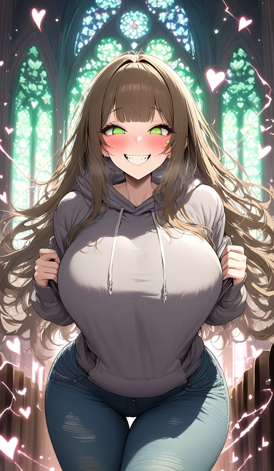 Masterpiece, very detailed, ultra detailed, one, (1 woman), woman in a sweatshirt and jeans, green eyes, spiral eyes, with blushes on her face, with a big toothy crazy and obsessed smile, long brown straight hair and bangs on the sides, with huge breasts, around her an aura of love and bright hearts, against the background of the church