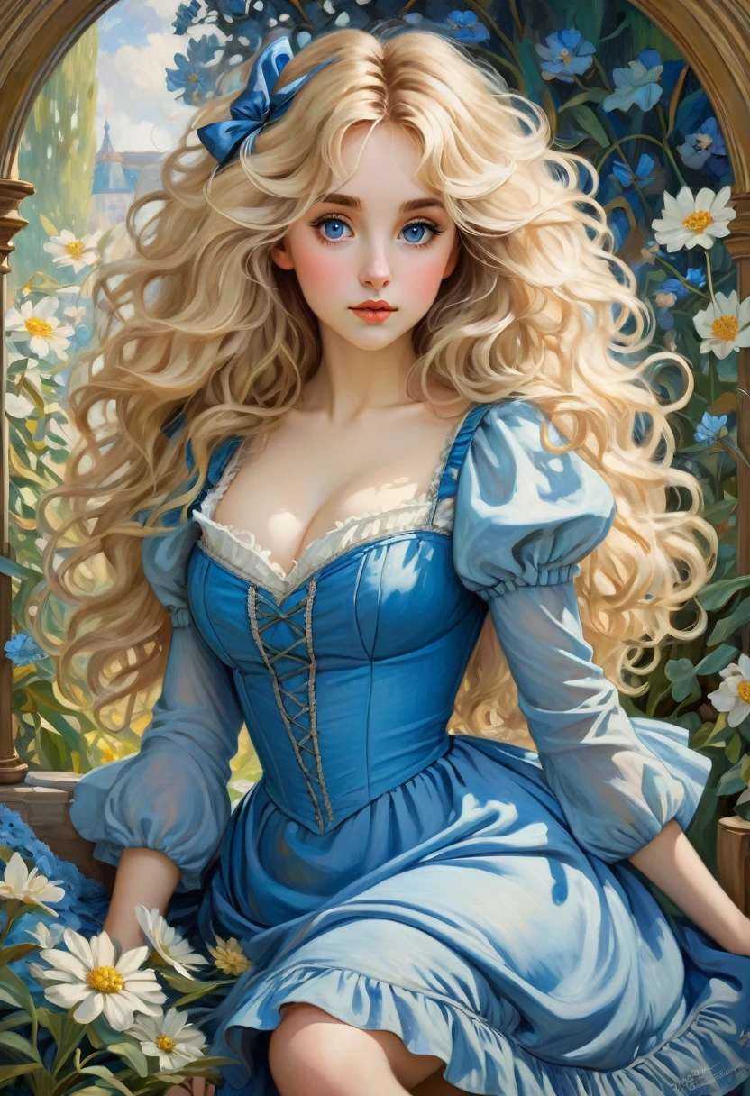 Alice in Wonderland With big messy Blonde Hair, Big Eyes, Adorable Features, Natural Hourglass Figure, Wearing blue dress, Fair Skin, And A Low-Cut, Resembling The Beauty Of Alphonse Mucha's Artwork And Impressionist Paintings By Artists Like Konstantin Razumov And Pierre-Auguste Renoir. The Portrait Is Detailed And Textured, Reminiscent Of Claude Monet's Style.