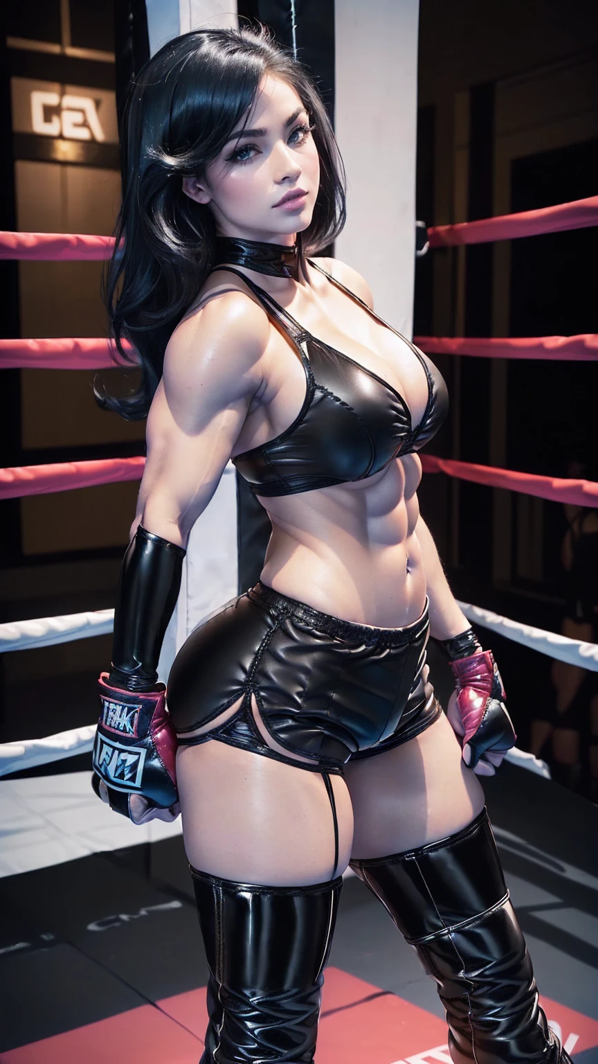 Beautiful chic Caucasian bombshell, sexy attractive face, ((black boxing shorts:1.3)), ((sexy boxing shorts:1.3)), ((stiletto-heeled boxing boots:1.3)), ((jet-black hair)), ((thick muscular legs:1.5)),