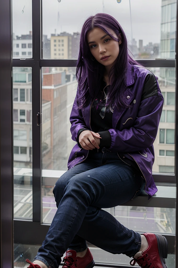 a woman sitting next to a window, purple hair, purple jacket with black pattern, jeans, red shoes, glass room background, raindrops on camera